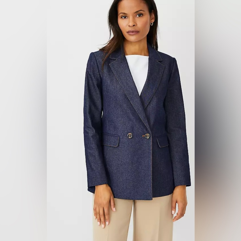 Ann Taylor The Long Double Breasted Blazer NWOT Denim 0